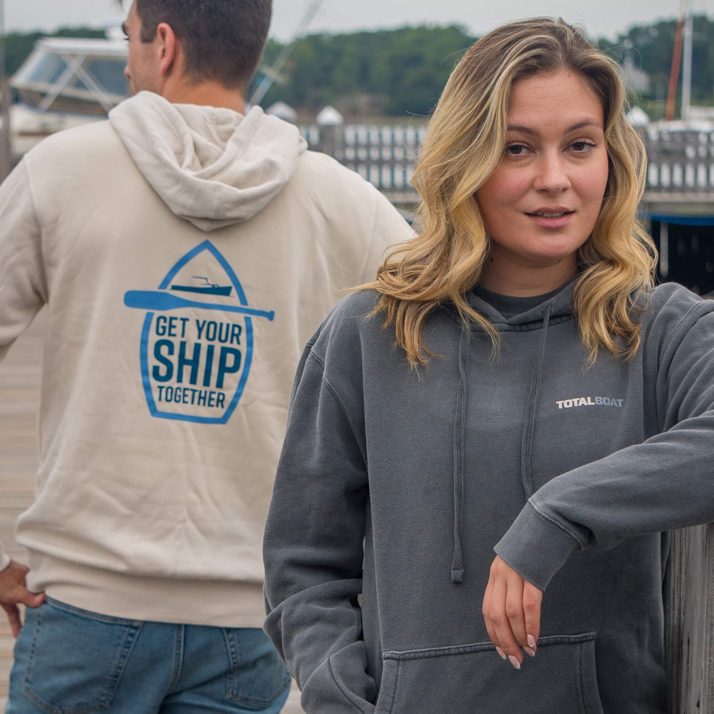 TotalBoat Adult Vintage Style Hoodie Bone White and Charcoal Gray